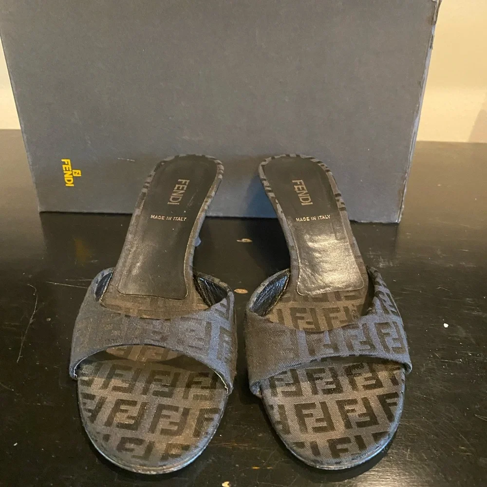 FENDI FF MULES BLACK SIZE:7.5 PREOWNED - Picture 2 of 7